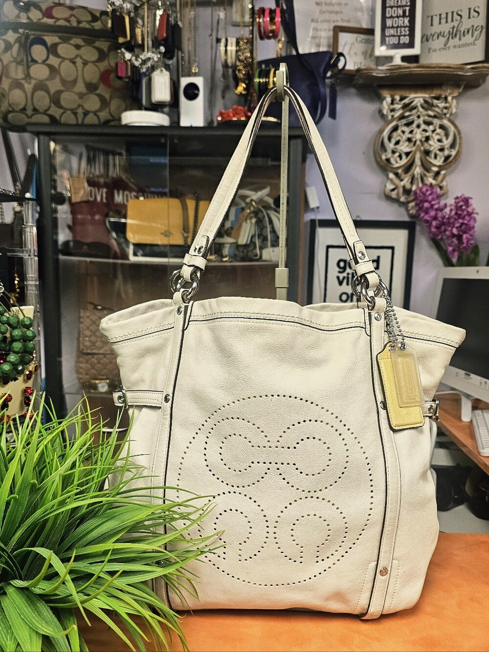 Coach Off White Perforated Leather Tote
